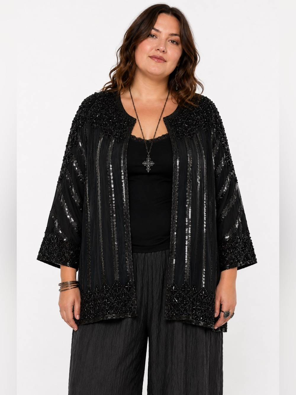 Vintage Black Silk Sequin Beaded Jacket Maximalist Glam Dolman Sleeve Witchy